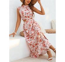 Valentine's Day Ladies' Floral Print Hollow Out Waist And Stand Collar Maxi Dress,M