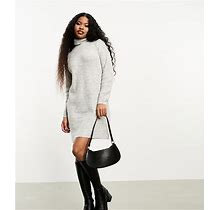 Pieces Petite Roll Neck Mini Sweater Dress In Light Gray - Gray (Size: XL)