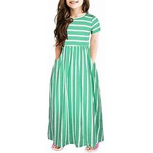 Hwmodou Toddler Kids Girls Dress Striped Printed O-Neck Short Sleeve Clothes Skirt Fashion Loose Casual Wedding Pageant Dresses For Child