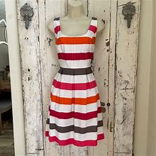 Nine West Size 8P 8 Petite Woman's Orange Pink Gray White Striped Pocketed Dress