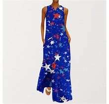 Gaecuw Independence Day Tunic Maxi Sundresses Patriotic Dresses Fashion V Neck Sleeveless Pocket Dresses USA Themed Clothing Fourth Of July Outfits In