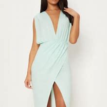 Prettylittlething Dresses | Mint Ruched Shoulder Plunge Midi Dress | Color: Green | Size: 0