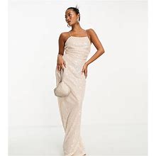 4th & Reckless Petite Exclusive Sequin Square Neck Low Cross Back Maxi Dress In Cream-White - White (Size: 2)