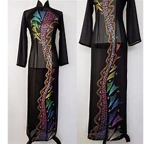 1980S Vintage Rainbow Glitter Sheer Black Ao Dai Maxi Dress
