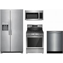 Frigidaire 4 Piece Kitchen Appliances Package W/ FRSS2623AS 36" Side-By-Side Refrigerator FCRG3083AS Freestanding Gas Range FMOS1846BS