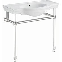 Viola 34.5 in. Console Sink In Brushed Nickel With Ceramic Countertop | Antique Console Bathroom Durable White Sink With Stainless Steel Metal Legs S