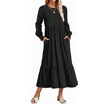 ZESICA Women's 2024 Long Sleeve Dress Crewneck Casual Loose Pleated Tiered Swing Maxi Dresses With Pockets