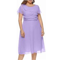 Fanxing Women Layered Chiffon Dresses Summer Flutter Sleeve Midi Dress Plus Size Casual Below The Knee Dresses For Beach Vacation Purple,M