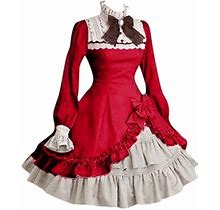 Wendunide 2024 Clearance Sales, Summer Dresses For Women 2024 Lady Women Lace Long Sleeve Bowtie Party Dress With Bow Gothic Red M