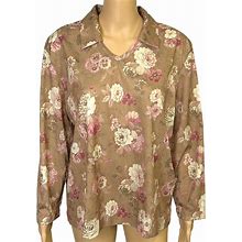 Haband Tops | Vintage Haband Womens Xl Brown Pink Floral Long Sleeve V-Neck Stretch Blouse | Color: Pink/Tan | Size: Xl