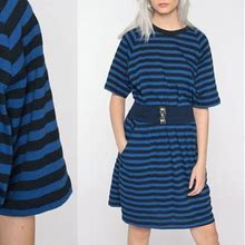 Striped Tshirt Dress 80S Mini Dress Blue Stripe Print Ringer Dress 1980S Retro Short Sleeve Minidress Normcore Shift Belted Large L