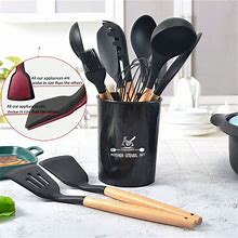 Kitchen Cooking Utensils Set, 12Pcs Non-Stick Silicone Spatula Set With Holder, Woodle Handle Heat Resistant Gadgets Utensil(Black),One-Size