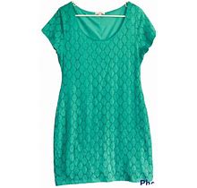 Isaac Mizrahi Dress Sz Xl Green Eyelet Lace Overlay Short Sleeve Lined