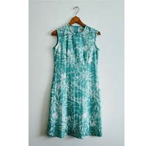 Vintage Retro Marti Petite Aqua Blue & White Palm Floral Sheath Dress