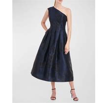 Kay Unger New York Carlan Pleated One-Shoulder Jacquard Midi Dress, Blue, Women's, 16, Cocktail & Party Wedding Guest Dresses One-Shoulder Dresses