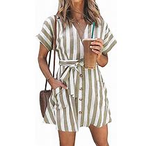 Womens Stripe Short Sleeve Wrap V Neck Button Front Tie Belted Dress | Apricot | Medium