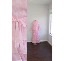1960S Pink Swiss Dot Tiered Ruffle Maxi Dress // Miss Melinda // Extra Small