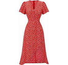 Retro Stage V-Neck Ditsy Floral Buttons Midi Dress For Daily Casual Picnic Vacation
