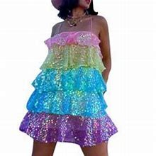 Focusnorm Women's Sleeveless Ruffle Dress Shiny Sequins Decoration Spaghetti Strap Party Club Mini Tiered Dress