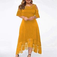 Finelylove Plus Size Floral Dress For Women Fall Dresses For Women 2023 Crew Neck Solid Short Sleeve Ball Gown Yellow