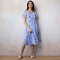 Women's LC Lauren Conrad Floral Print Pleated Empire Waist Chiffon V-Neck Midi Dress, Size: Large, Light Blue