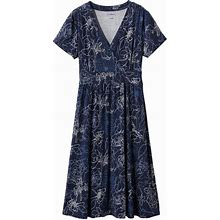 L.L.Bean | Women's Summer Knit Dress, Short-Sleeve Print Bright Navy Open Floral S Petite, Synthetic