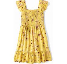 The Children's Place Girls Floral Smocked Ruffle Dress | Size Medium (7/8) | YELLOW