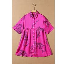 Dear-Lover Wholesale Rose Red Cheetah Print Bell Sleeve Mini Shirt Dress