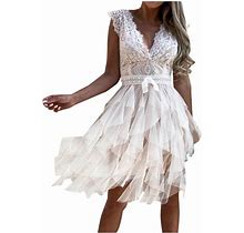 Oflalw Wedding Guest Dresses For Women Sexy Tassle V Neck Mini Dress Lace Cap Sleeve Chiffon Embroidery Party Prom Dress
