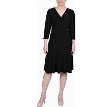Ny Collection Petite 3/4 Sleeve Rouched-Waist Dress - Black