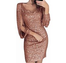Xiuh Sequin Long Sleeve V-Neck Nightclub Dress Elegant Stitching Clubwear Evening Party Mini Dress