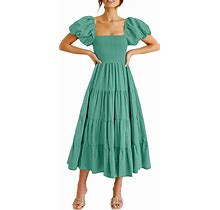 Pretty Garden Womens Summer Puffy Short Sleeve Square Neck Smocked Tiered Ruffle Midi Dress