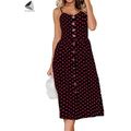 Pullimore Women's Dresses-Summer Polka Dots Bohemian Spaghetti Strap Button Down Swing Midi Dress Red,XL