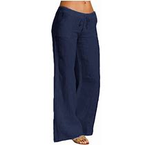Hinvhai Plus Size Pants Clearance Women's Cotton Linen Solid Long Pants High Waist Drawstring Loose
