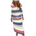 Gdreda Vacation Dresses For Women Tropical Women Casual Stripe Print Dress V-Neck Long Sleeve Loose Pocket Long Dress Dark Blue,L