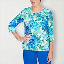 Alfred Dunner Tradewinds Womens Crew Neck 3/4 Sleeve T-Shirt | Blue | Petites Petite Large | Shirts + Tops T-Shirts