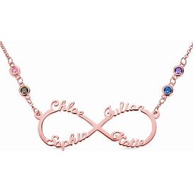 Custom 4 Names Infinity Necklace With Birthstones In Rose Gold