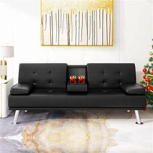 Yoyomax, Modern Faux Leather Sofa Bed With 2 Cup Holders And Pillows, Convertible Folding Futon Couch For Compact Living Space, Dorm, RV, Offices,
