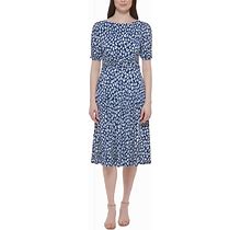 Jessica Howard Petite Printed Boat-Neck Ruched-Waist Dress - Navy