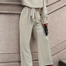 Solid Elegant Two-Piece Ser, V-Neck Long Sleeve Knot Top & Elastic Waist Pants, Trousers, Women's Clothing,Apricot,Must-Have,Temu