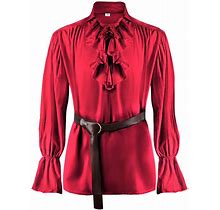 Mens Pirate Shirt Medieval Renaissance Victorian Costume Ruffled Steampunk Vampire Gothic Halloween Tops - Red 2XL