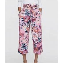 Zara Pink Floral Wide Leg Pants Tie Waist High Rise- Size Extra Small