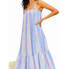 Loft Dresses | Nwt Loft Women's Petite Plaid Smocked Pocket Midi Dress - Sky Blue Multi Nw | Color: Blue/Pink | Size: Mp