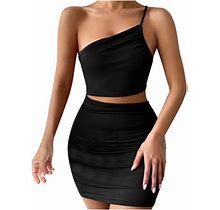 Odeerbi Solid Color Dress For Women 2024 Solid Color Fashion Design Hip Drawstring One-Shoulder Short Dress Black