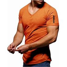 Akafmk Men's Summer Solid Slim Fit T-Shirts Men's Daily T Shirt Short Sleeve V-Neck Tops Casual Top Clothes Tee For Fitness Running Workout, Orange, M