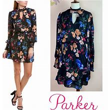 Parker Dresses | New! Parker Robyn Smocked Ruffle Floral Dress | Color: Black/Blue | Size: M
