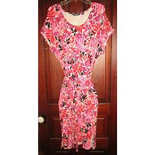 Lands' End Dresses | Lands' End Plus Size 2X Stretch Knit Midi Dress Floral Print Belted Short Sleeve | Color: Black/Orange/Pink/Purple/Red | Size: 2X