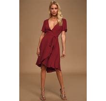 Burgundy Midi Wrap Dress | Womens | X-Small (Available In S, M, L, XL) | 100% Polyester | Lulus Exclusive | Red Dresses | Dresses