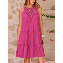Solid Sleeveless Tunic Tiered Dress With Embroidered Panel Rose / L