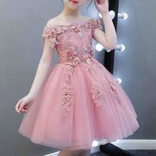 Childrens Girls Elegant Floral Embroidered Long Train Pageant Dress
